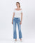 High Rise Light Wash Uneven Raw Hem Kick Flare Denim by Lovervet