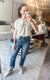 Floral Print Scallop Trim Blouse in Grey