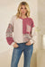 Patchwork Knit Long Sleeve Pullover Top in Burgundy or Olive