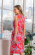 V-neck Midi Floral Print Dress w/ Adjustable Waist Detail in Fuchsia & Orchid