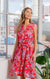 V-neck Midi Floral Print Dress w/ Adjustable Waist Detail in Fuchsia & Orchid
