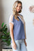 Ribbed Color Block Button front Short Sleeves Top in Denim Blue