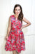 V-neck Midi Floral Print Dress w/ Adjustable Waist Detail in Fuchsia & Orchid