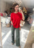 Ribbed Boyfriend Style Oversized Top in Ruby Red