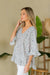 V-Neck Floral Ruffle Blouse in Blue