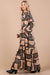 Geometric Satin Print Long Sleeve Maxi in Black & Taupe