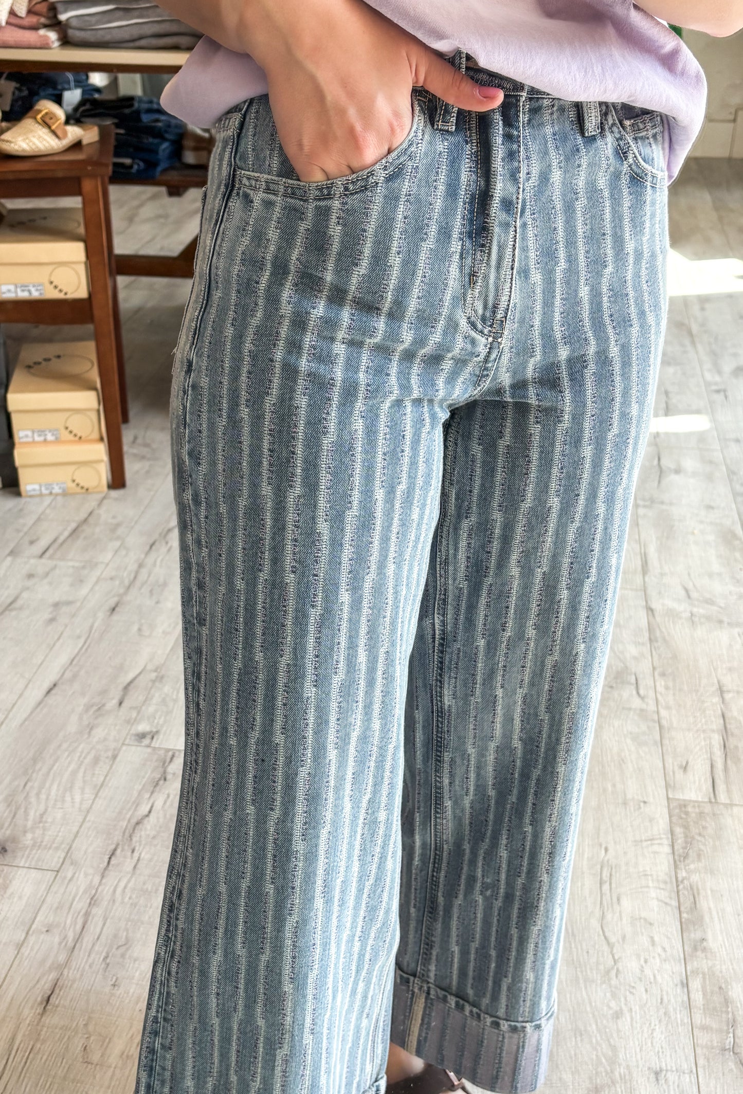Super High Rise Cuffed Striped Wide Denim by Vervet