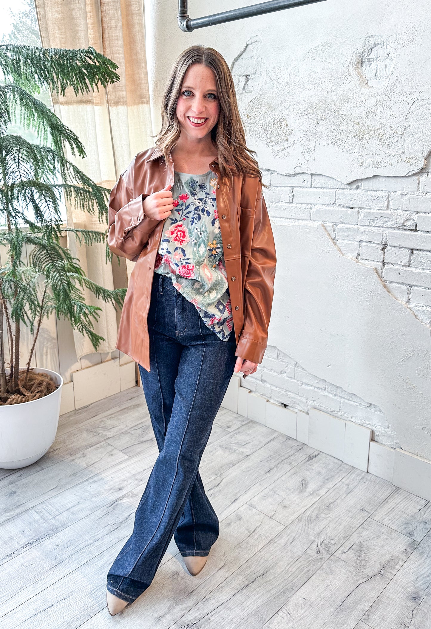 Faux Leather Button Down in Rich Cognac