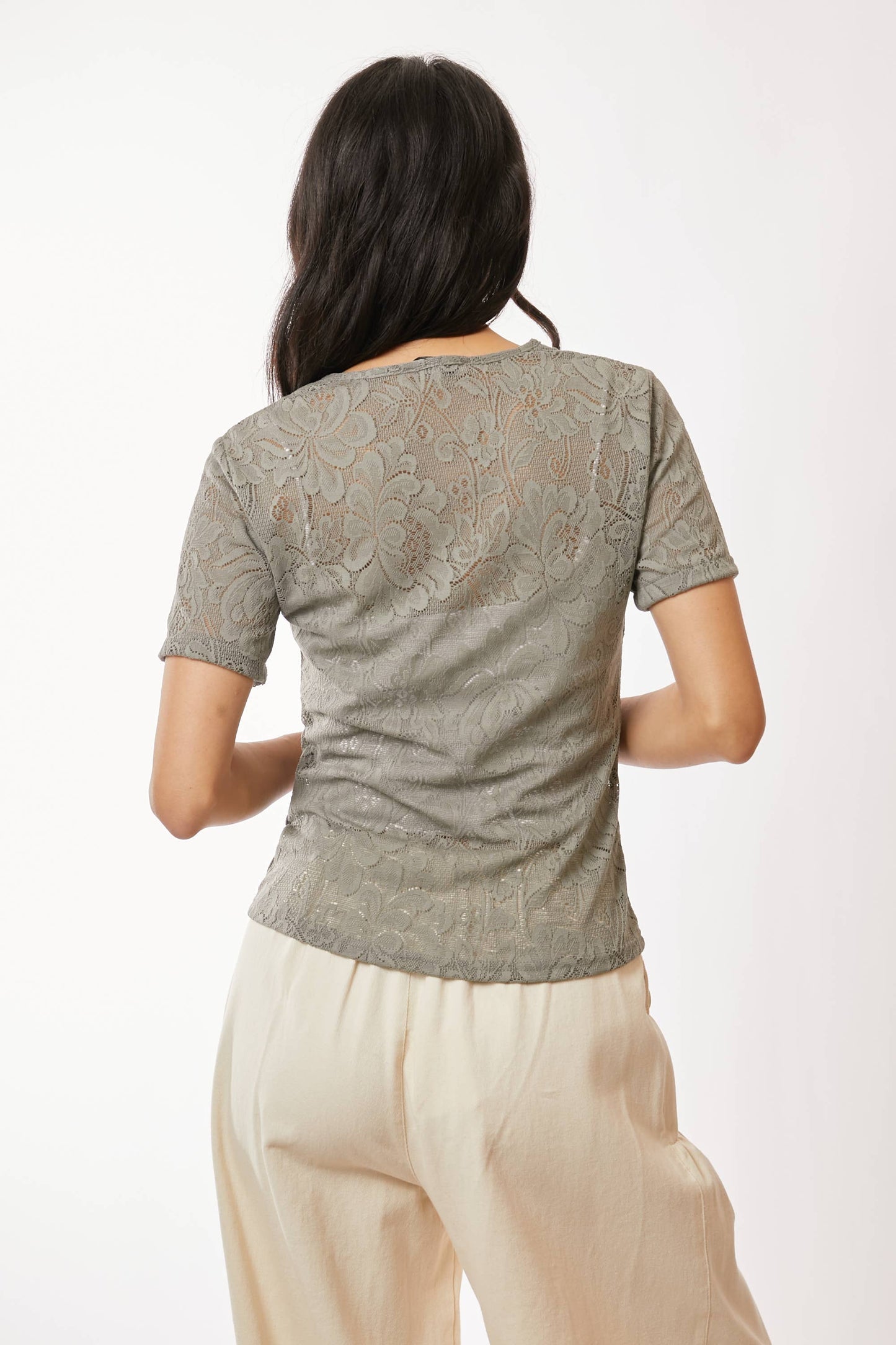 Mesh Lace Stretch Short Sleeve Blouse in Olive Khaki