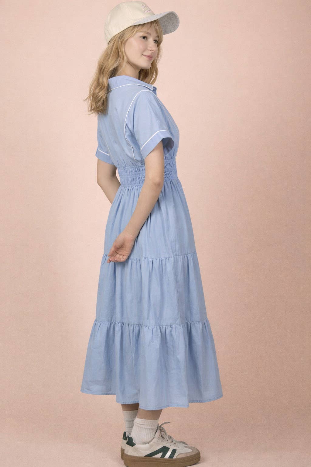 Piping Detail Tiered Layered Midi Dress in Light Blue