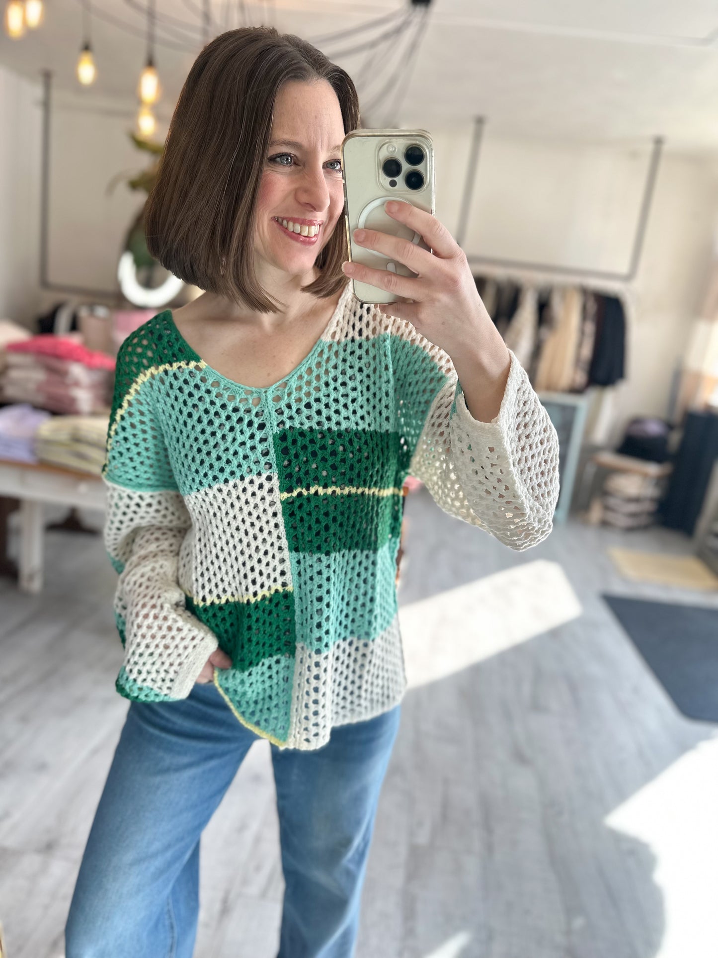 Color Block Oversized Summer Knit Sweater Top in Mint Green