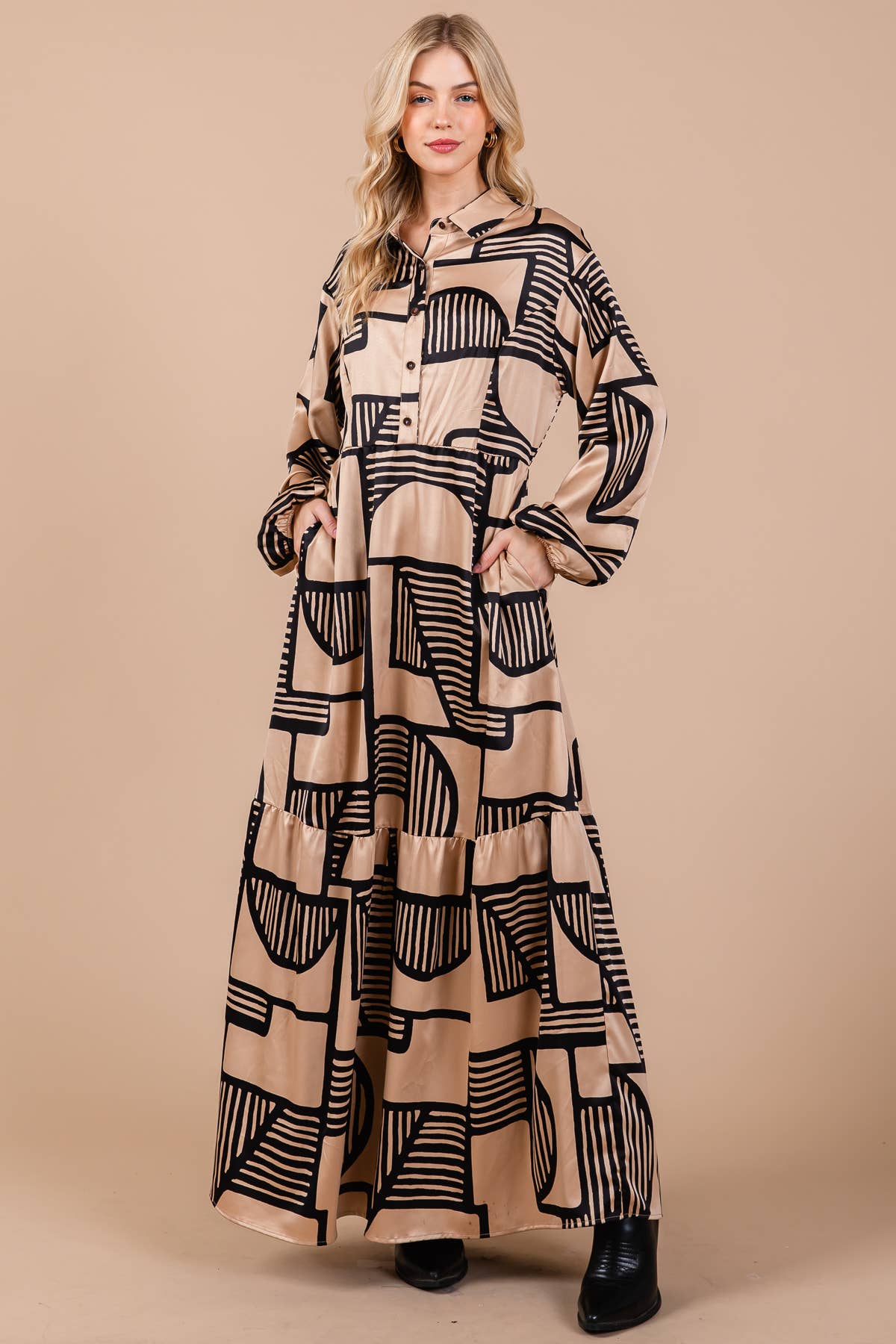 Geometric Satin Print Long Sleeve Maxi in Black & Taupe