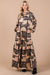 Geometric Satin Print Long Sleeve Maxi in Black & Taupe