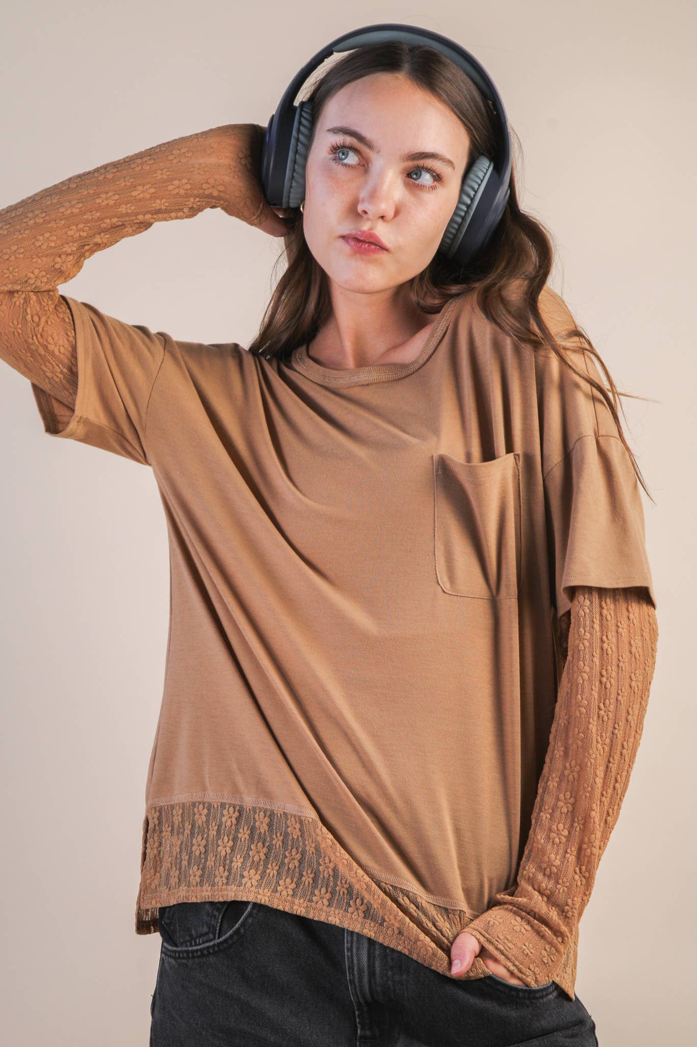 Oversized Casual Knit Top W/ Lace in Olive, Black or Wine
