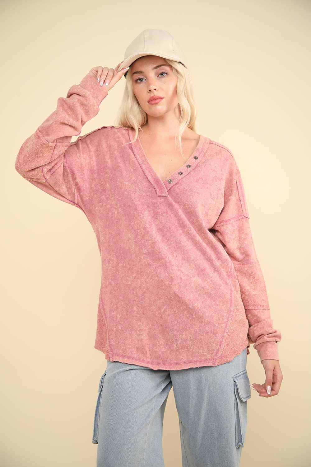 Washed Knit V-Neck Oversized Top in Mauve