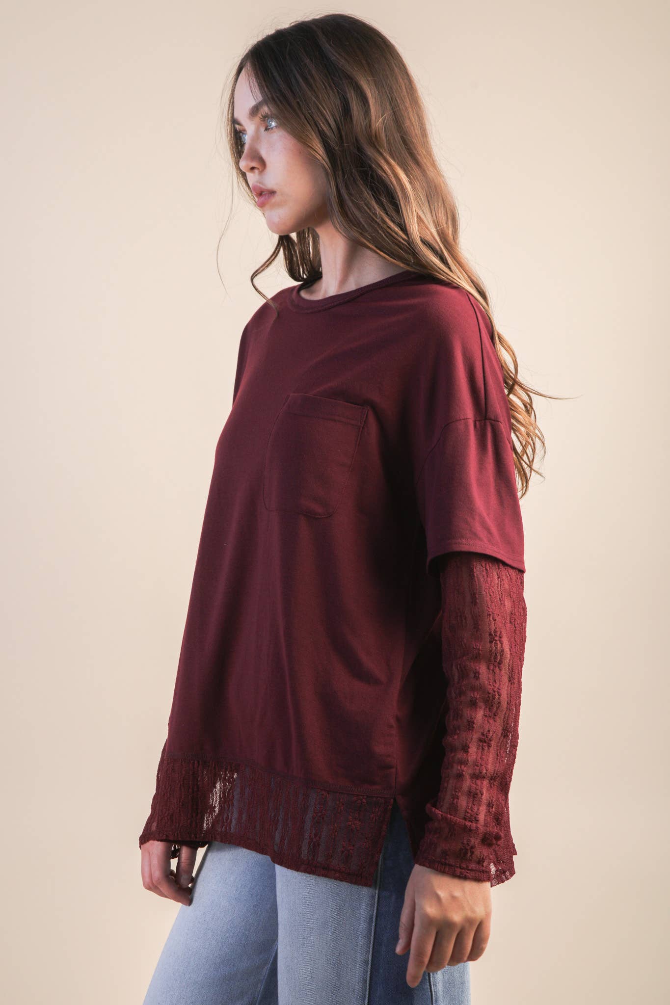 Oversized Casual Knit Top W/ Lace in Olive, Black or Wine