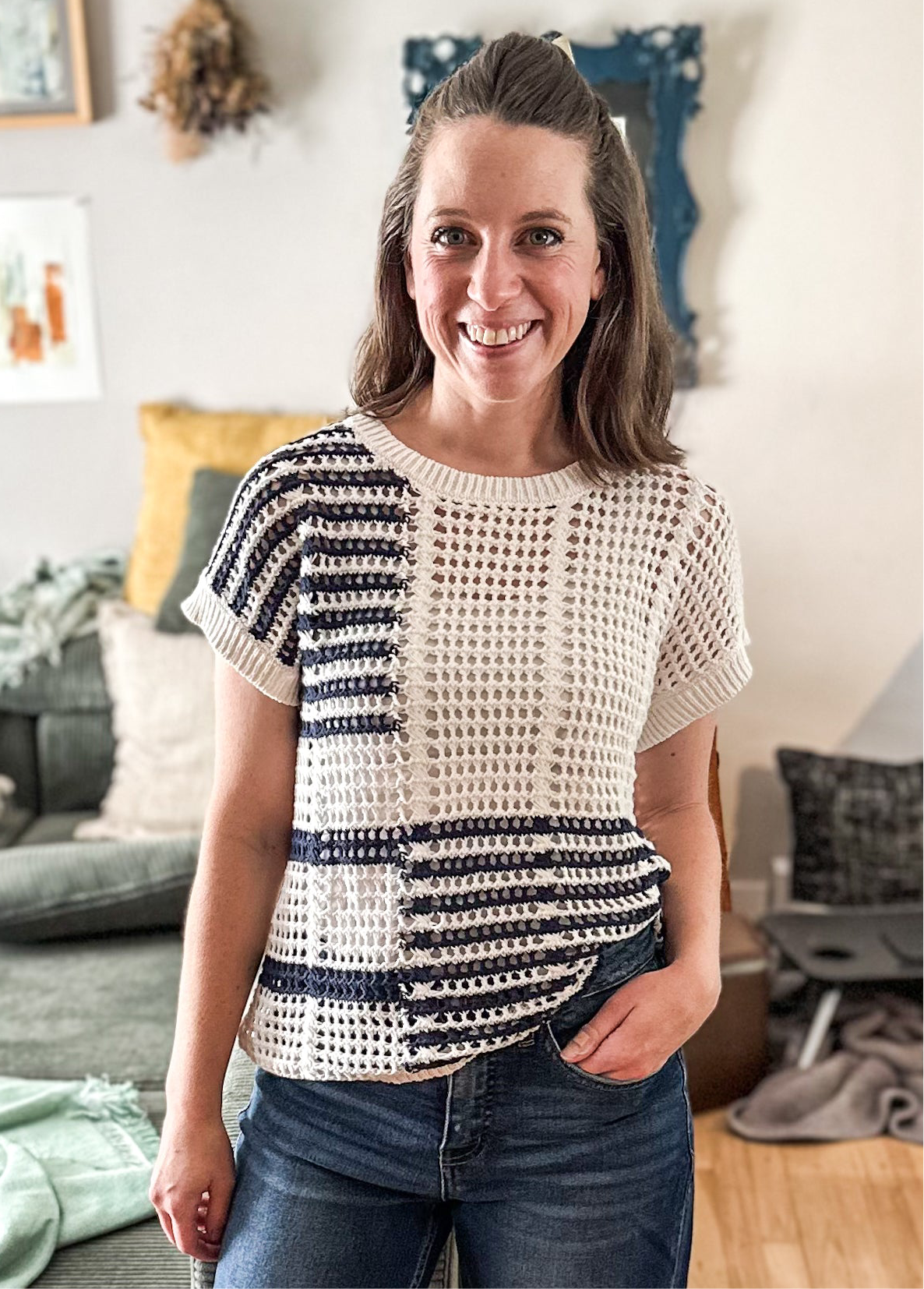 Multi Stripe Short Sleeve Crochet Knit Top in Navy
