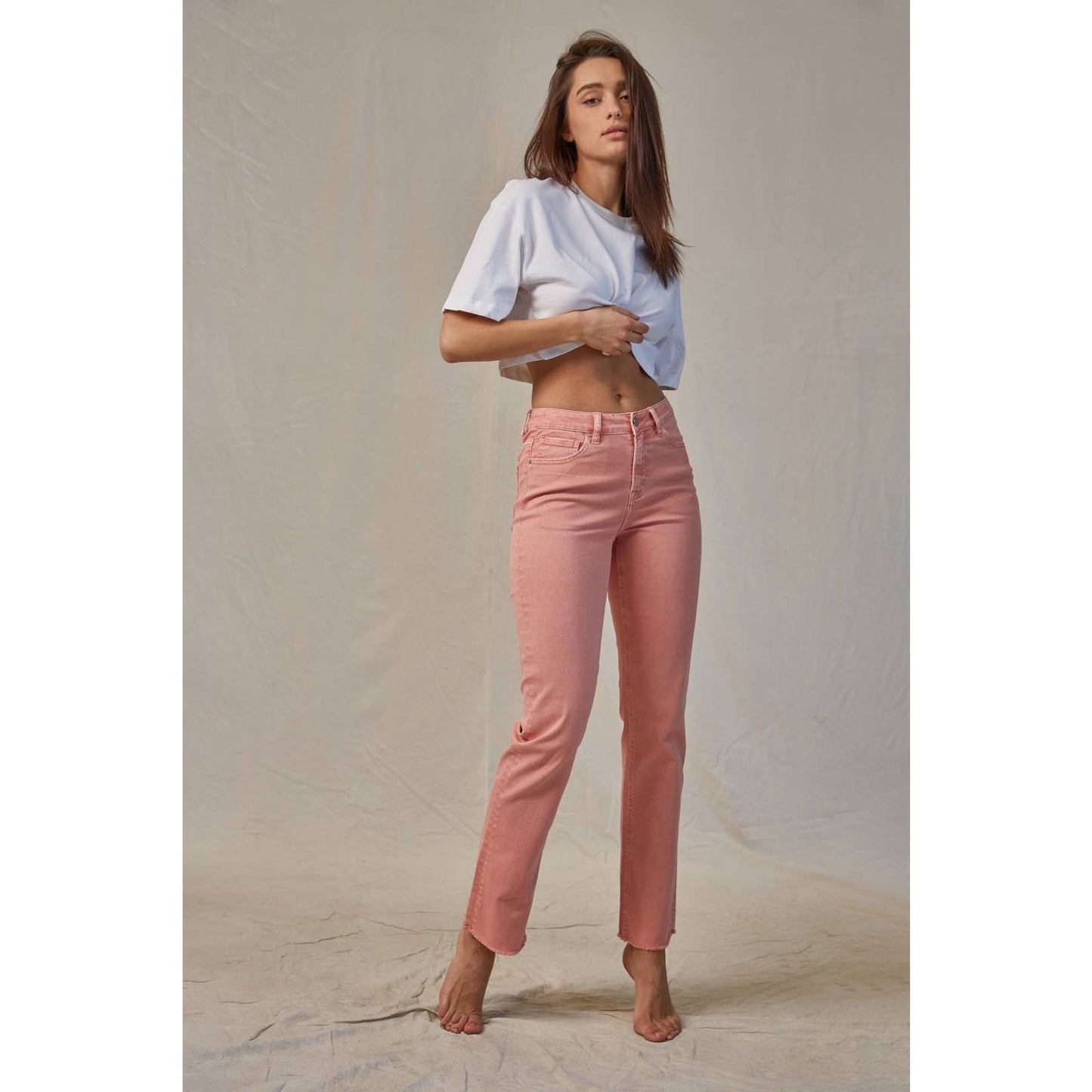 High Rise Vintage Garment Dyed Straight Denim in Peachy Pink by MICA