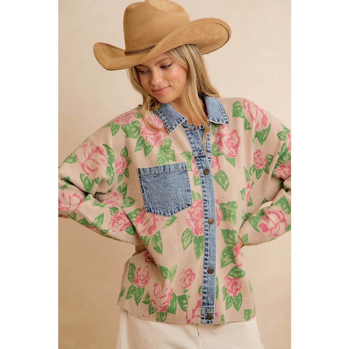 Floral Knit Denim Combo Shacket