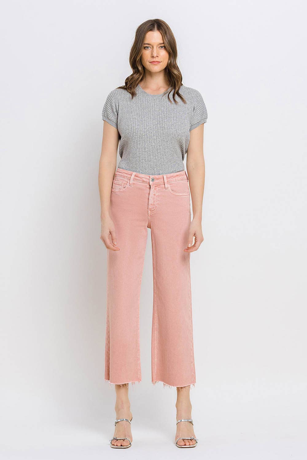 High Rise Crop Wide Leg Denim in Silver Pink by Vervet