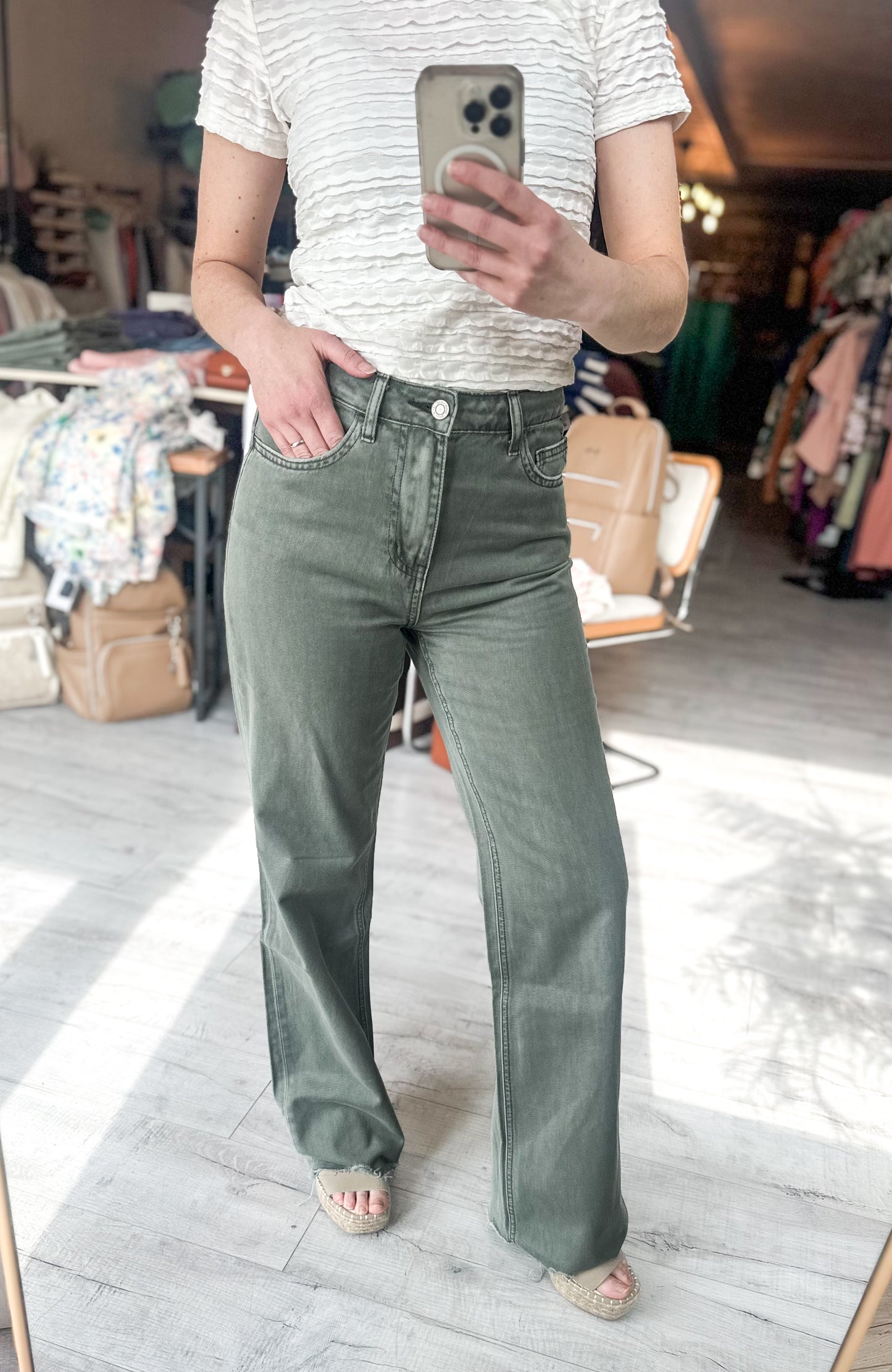 90'S Vintage Super High Rise Flare Jean in Thyme by Vervet