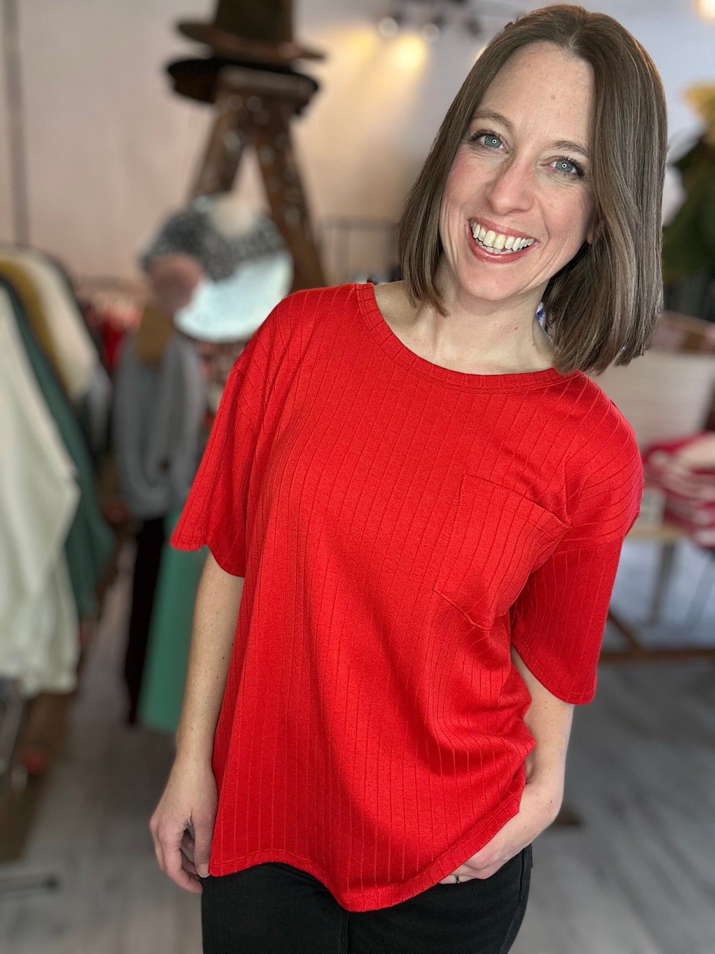 Ribbed Boyfriend Style Oversized Top in Ruby Red