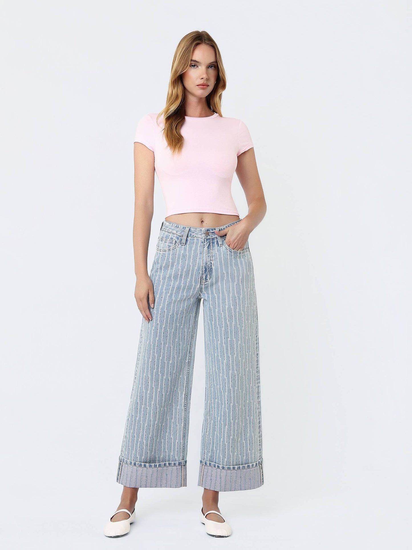 Super High Rise Cuffed Striped Wide Denim by Vervet