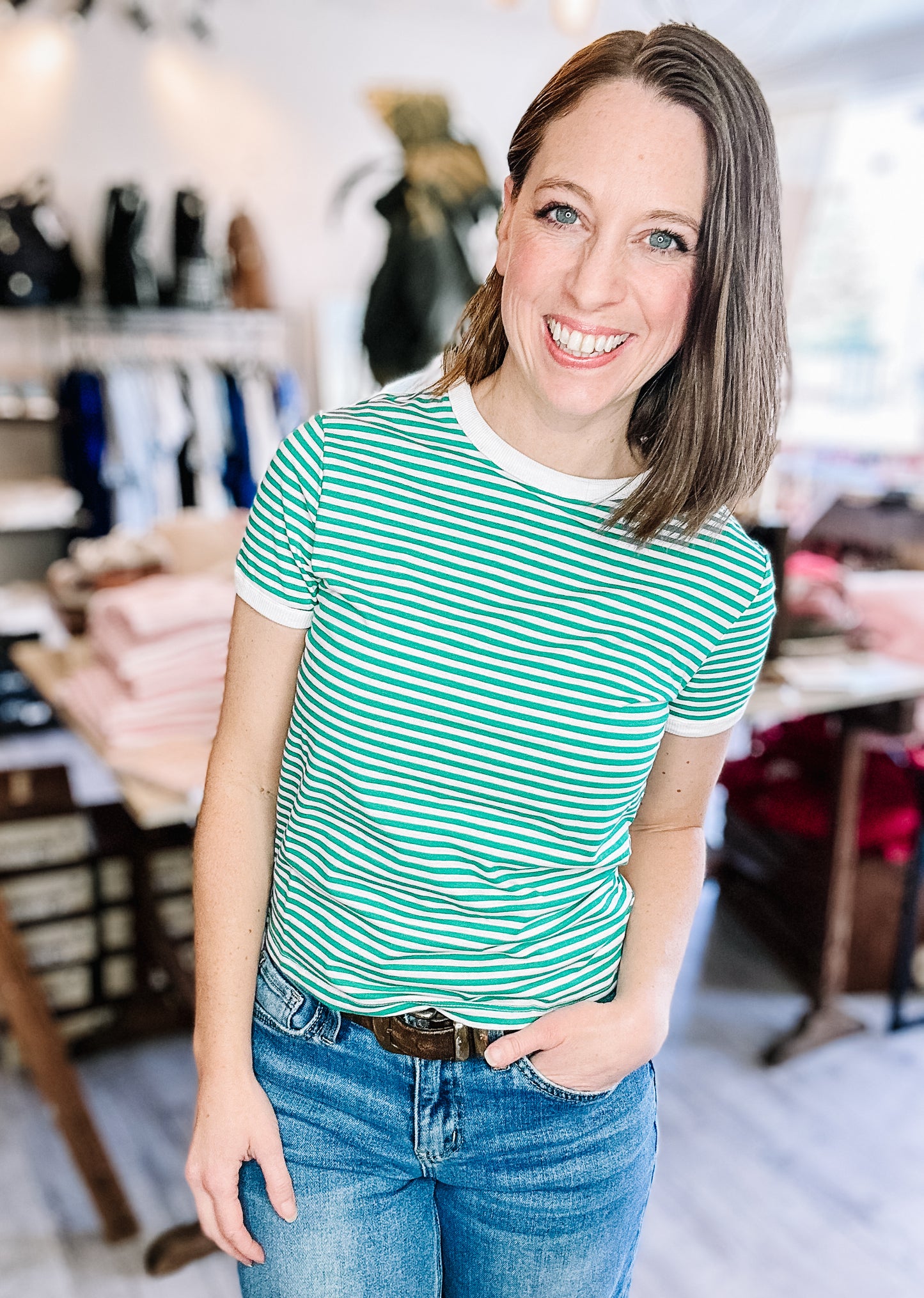 Striped Contrast Trim Tee in Kelly Green & Lavender