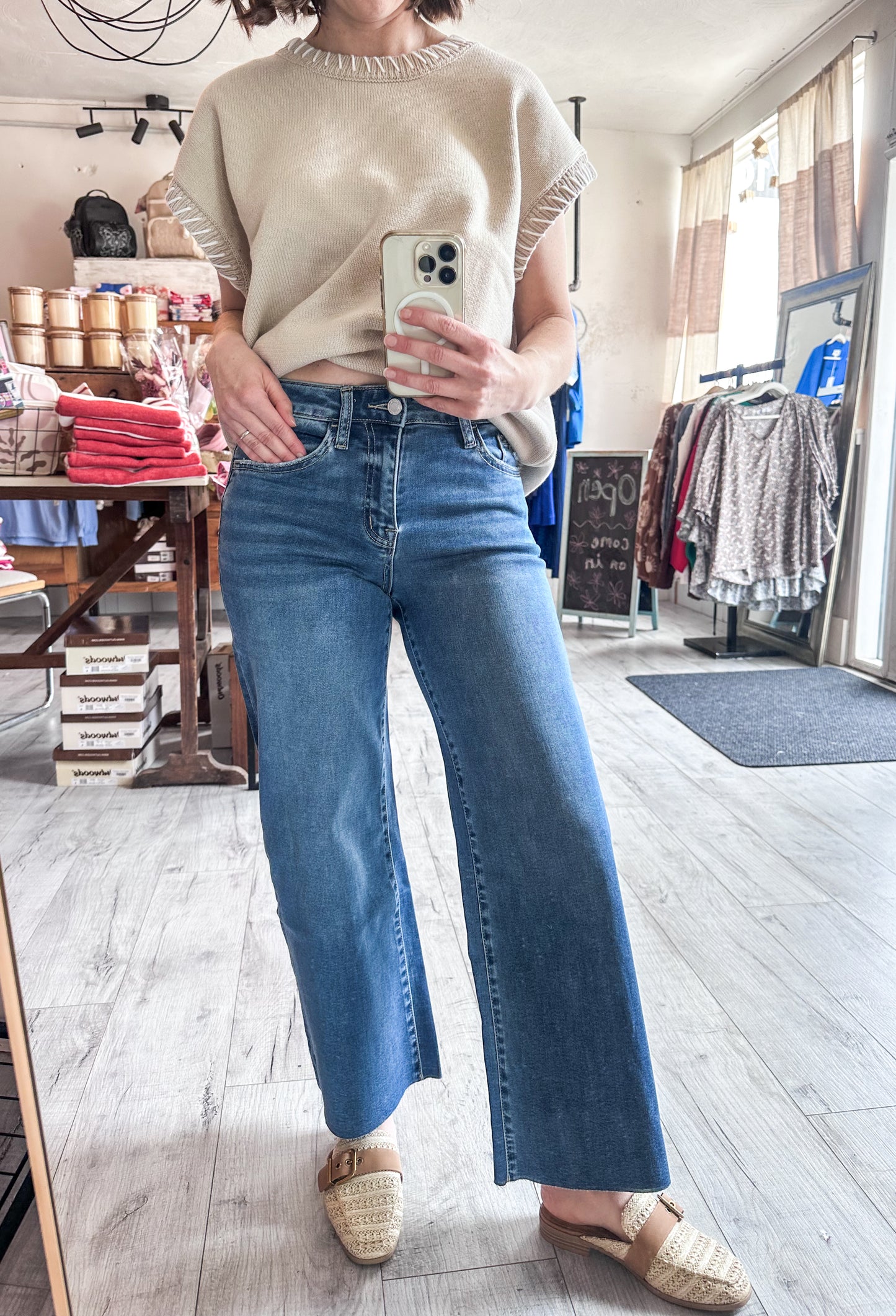 High Rise Clean Cut Raw Hem Crop Slim Wide Leg by Vervet