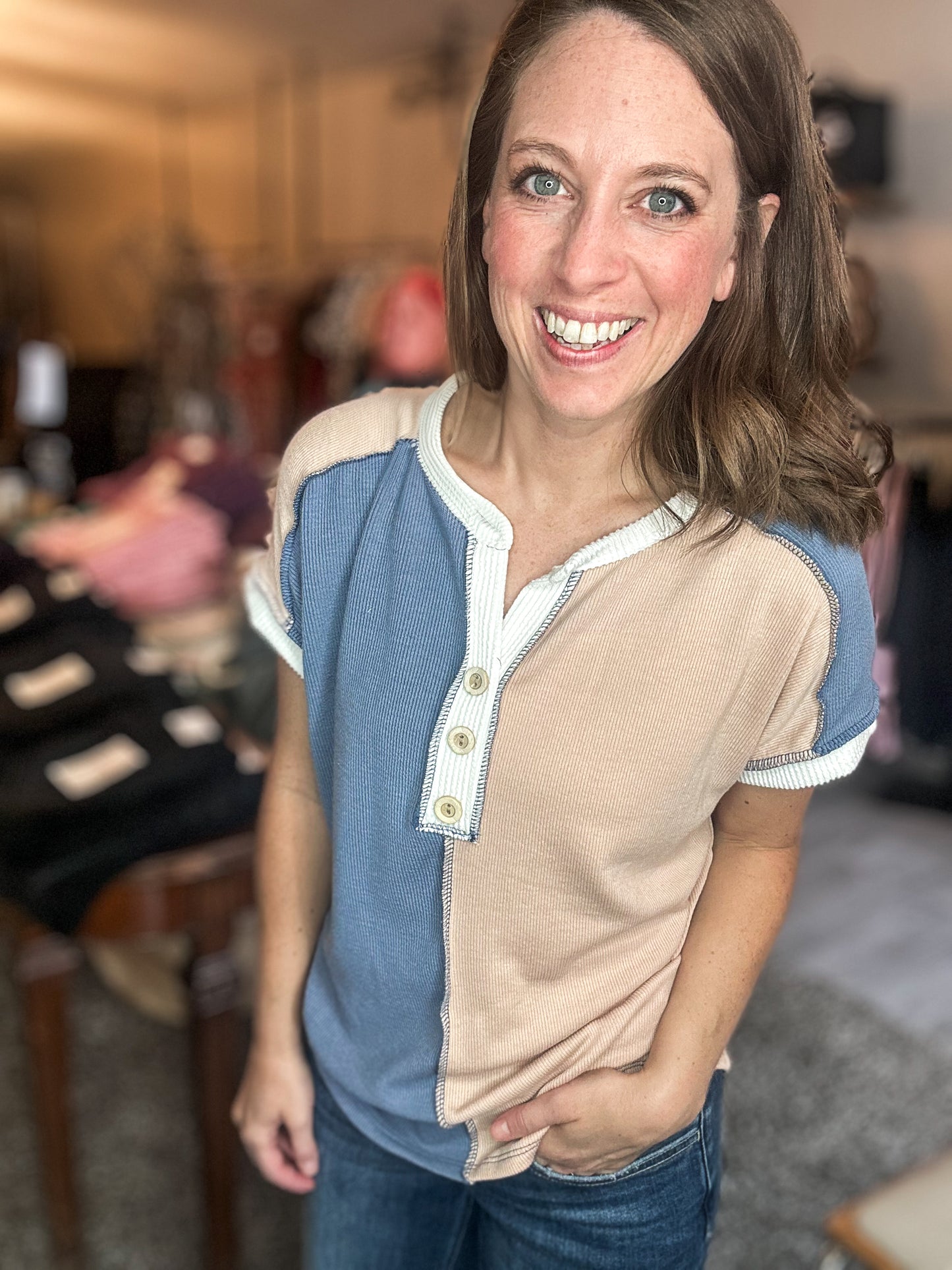 Ribbed Color Block Button front Short Sleeves Top in Denim Blue