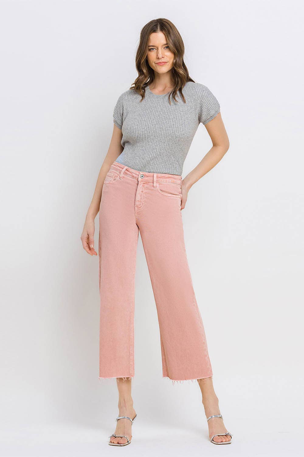 High Rise Crop Wide Leg Denim in Silver Pink by Vervet