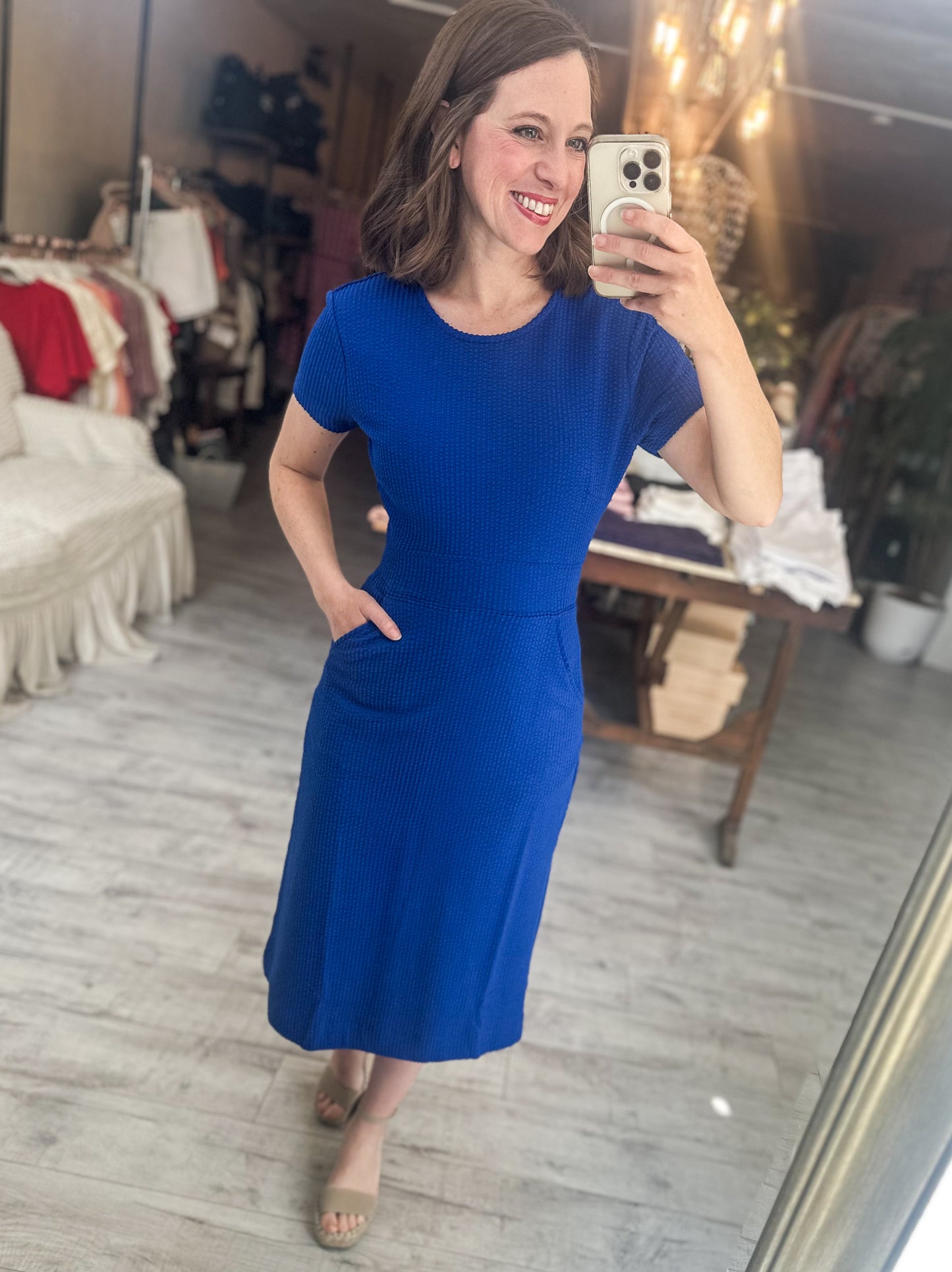 Say Oui! Royal Blue Short Sleeve Ribbed Knit Midi Dress