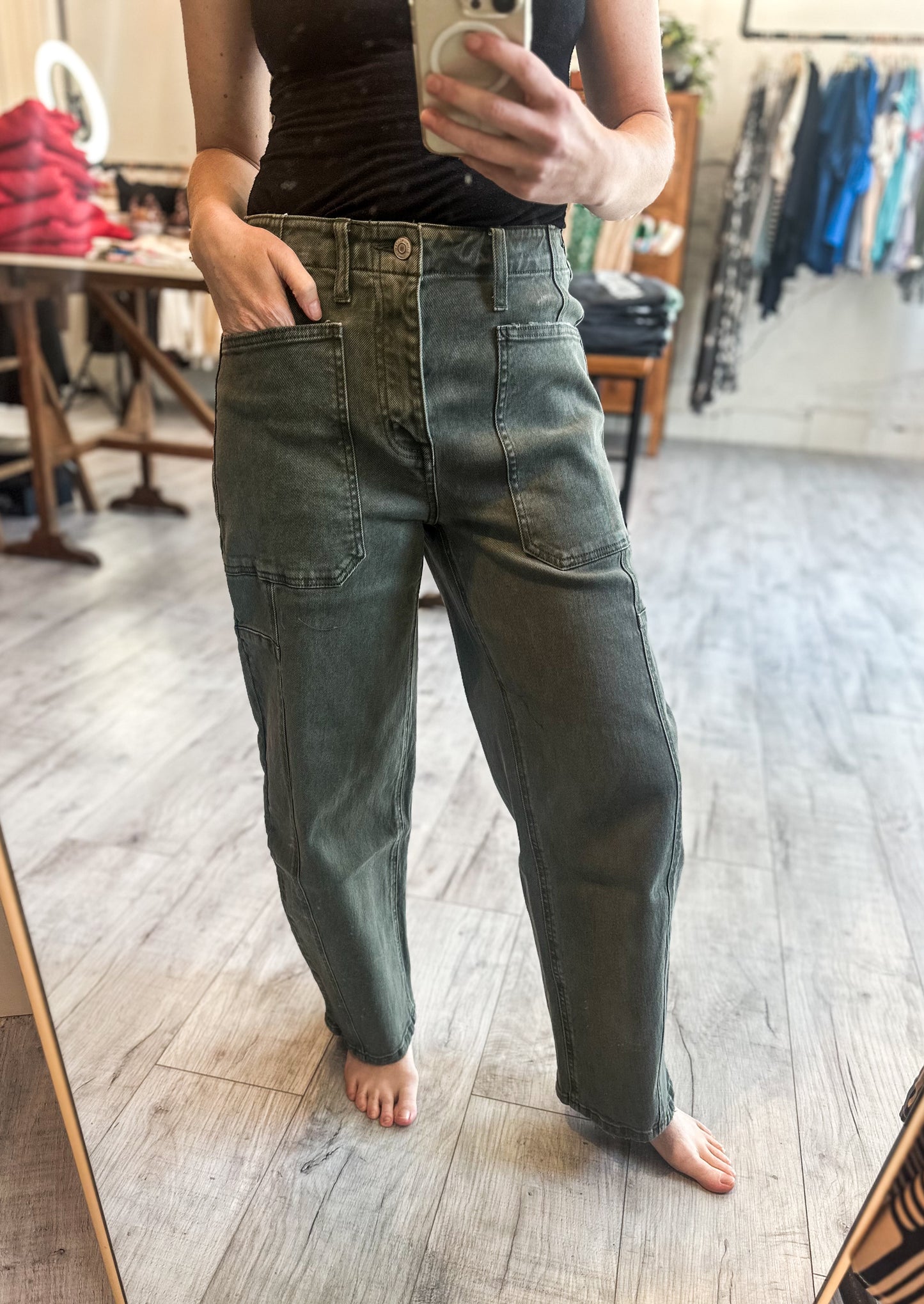 Super High Rise Elastic Waistband Barrel Jeans by Flying Monkey