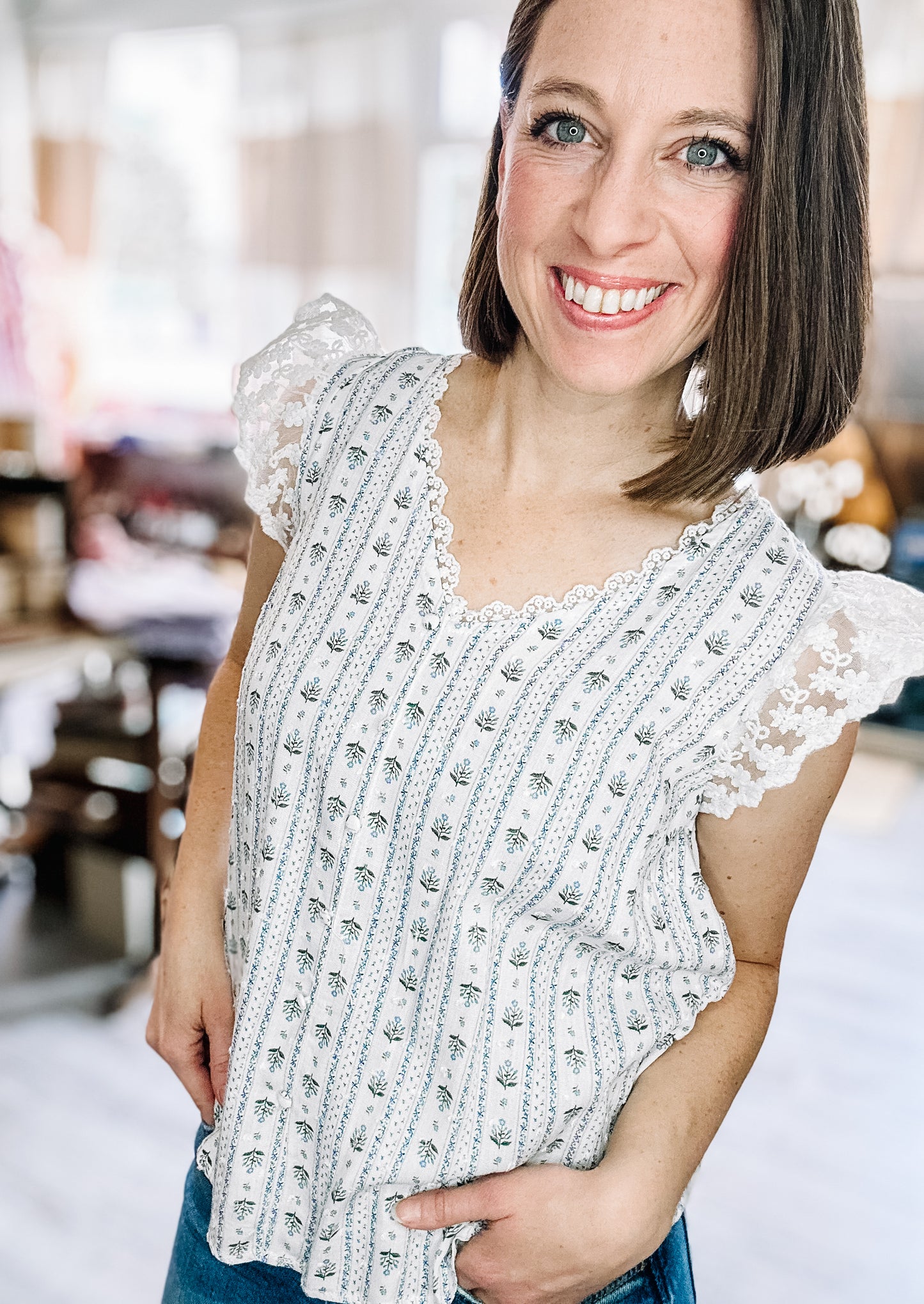 Stripe Floral V Neck Lace Trim Button Down in Blues