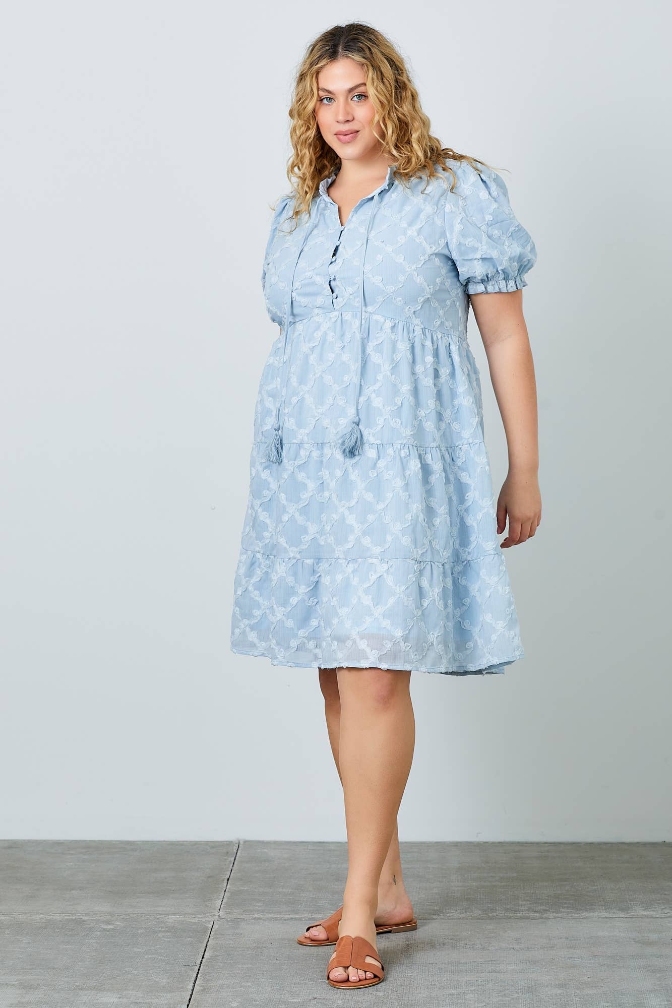 Novelty Texture Woven Tiered Dress in Light Blue