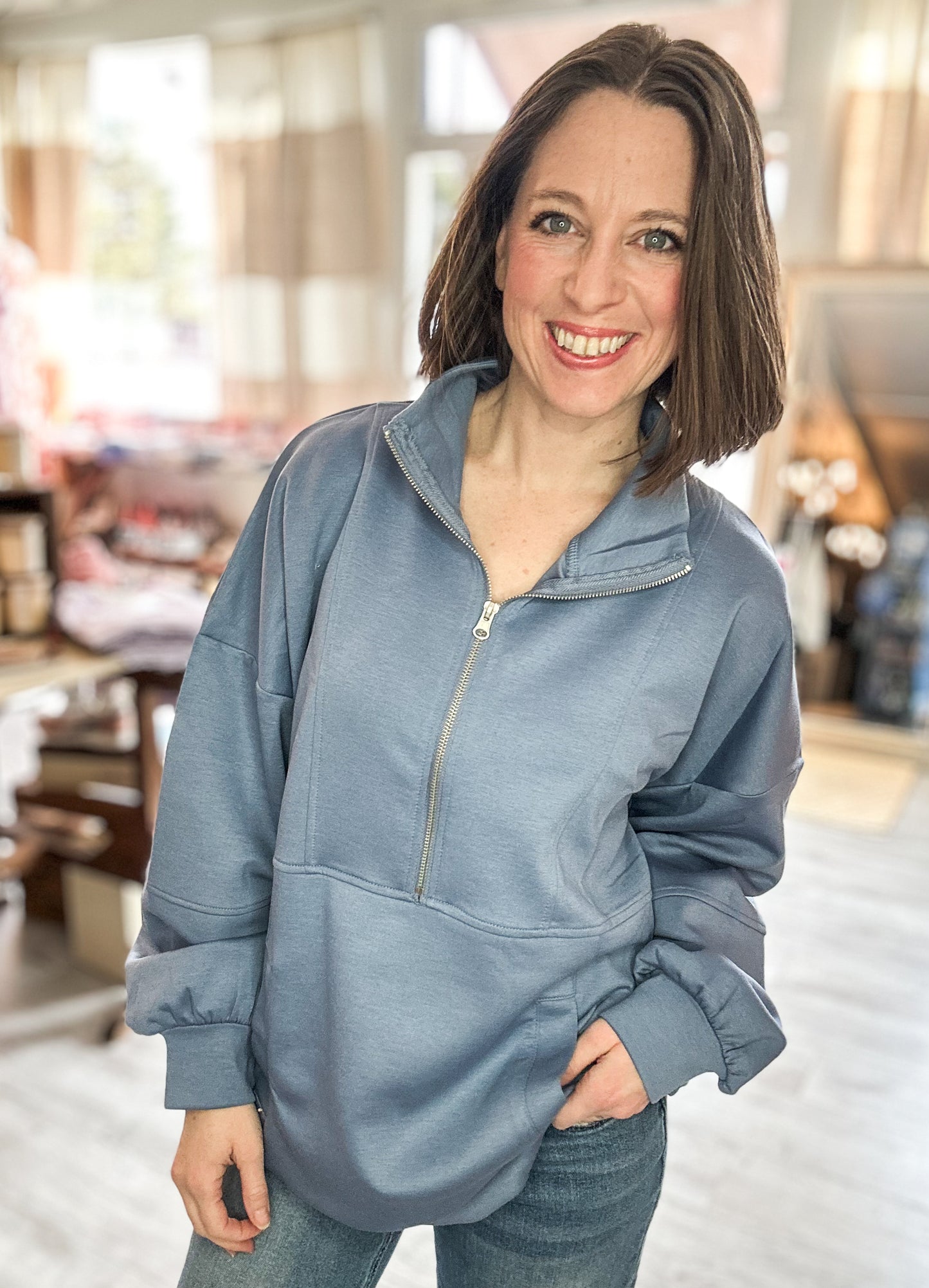 Half Zip UP Oversized Casual Comfy Knit Top in Denim Blue