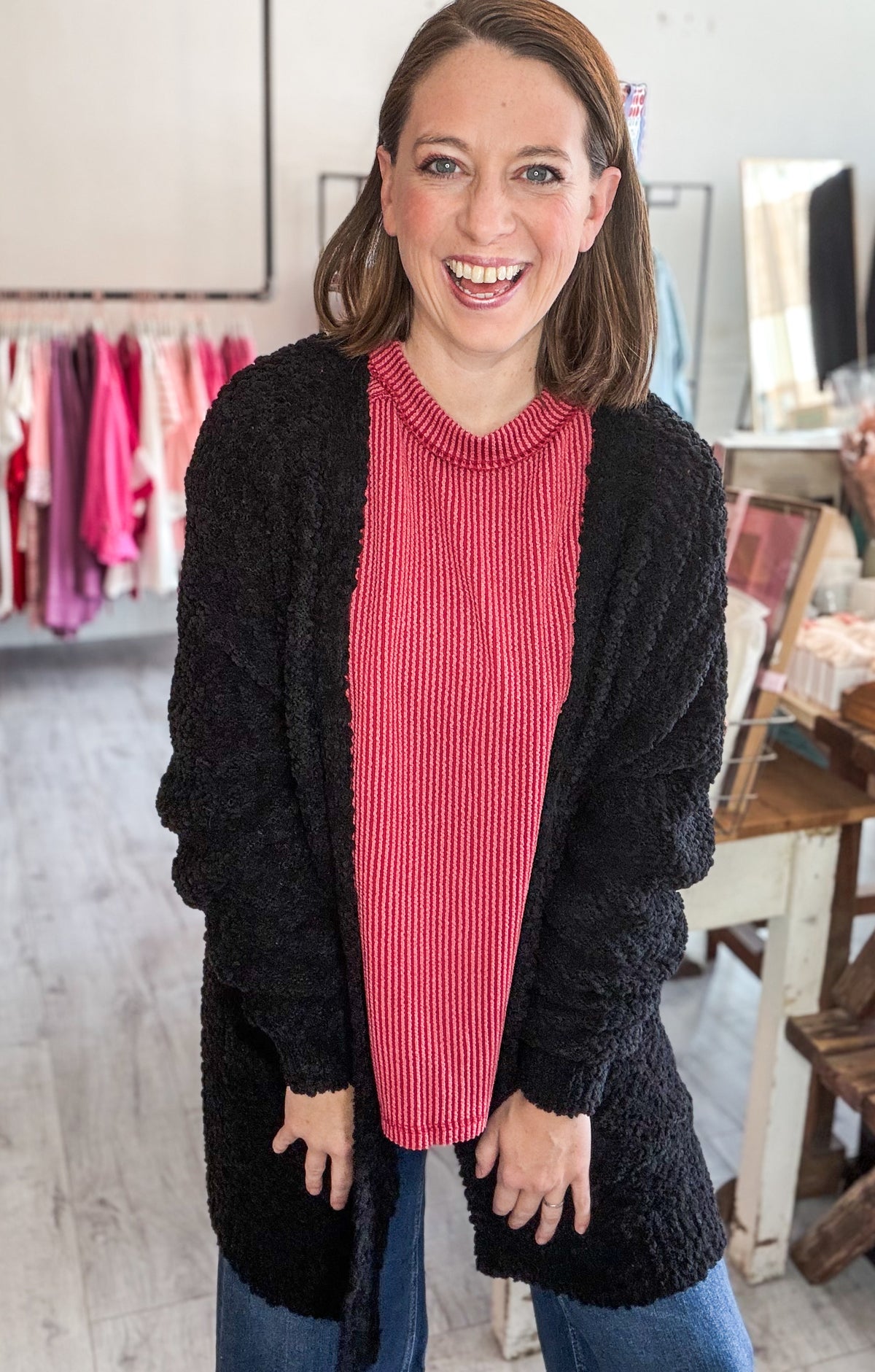 Long Sleeve Popcorn Sweater in Black