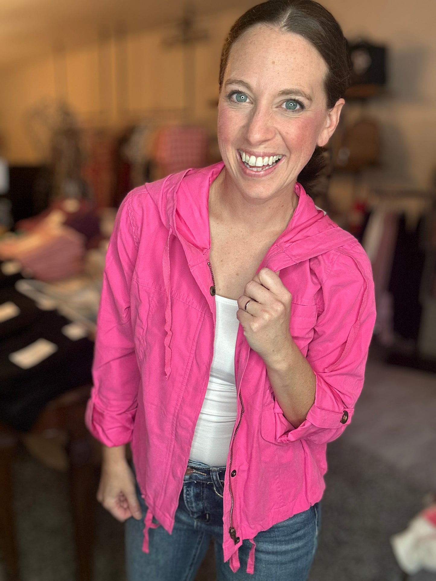 Snap Button Zip Up Hooded Jacket in Fuchsia Pink