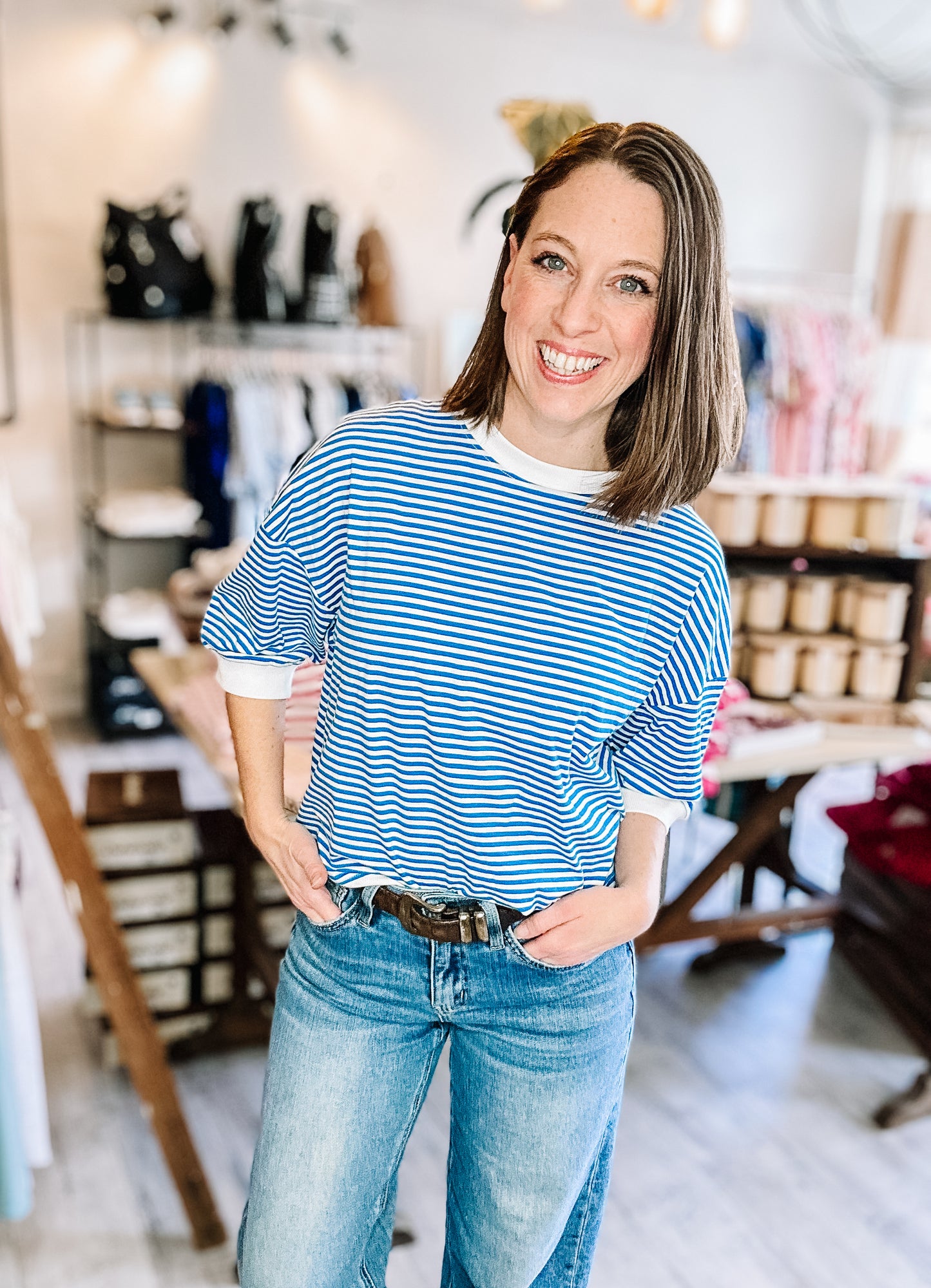 Striped Short Sleeve Top in Ocean Blue