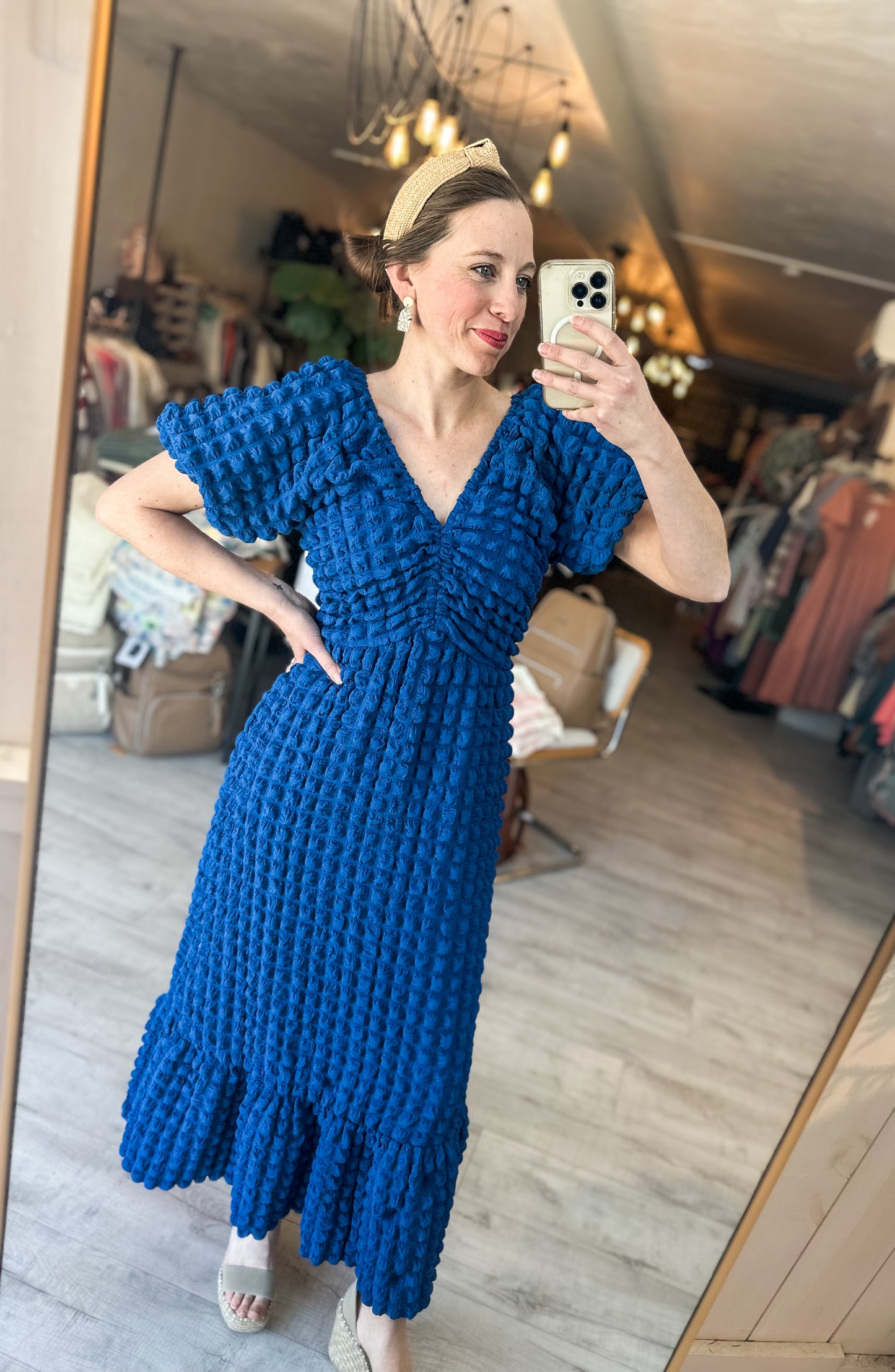 Whimsy Textured Short Sleeve V-Neck Midi Length Dress in Sapphire