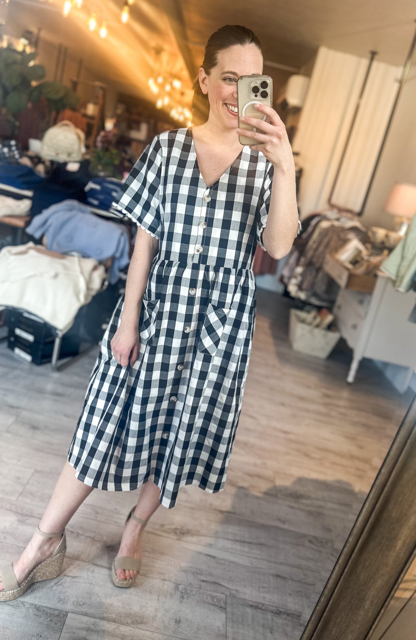 Gingham Button Up Midi Dress in Black and Cream