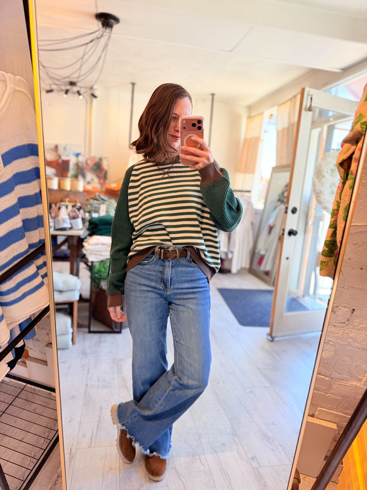 STRIPED COLORBLOCK RAGLAN LONG SLEEVE CREW SWEATER