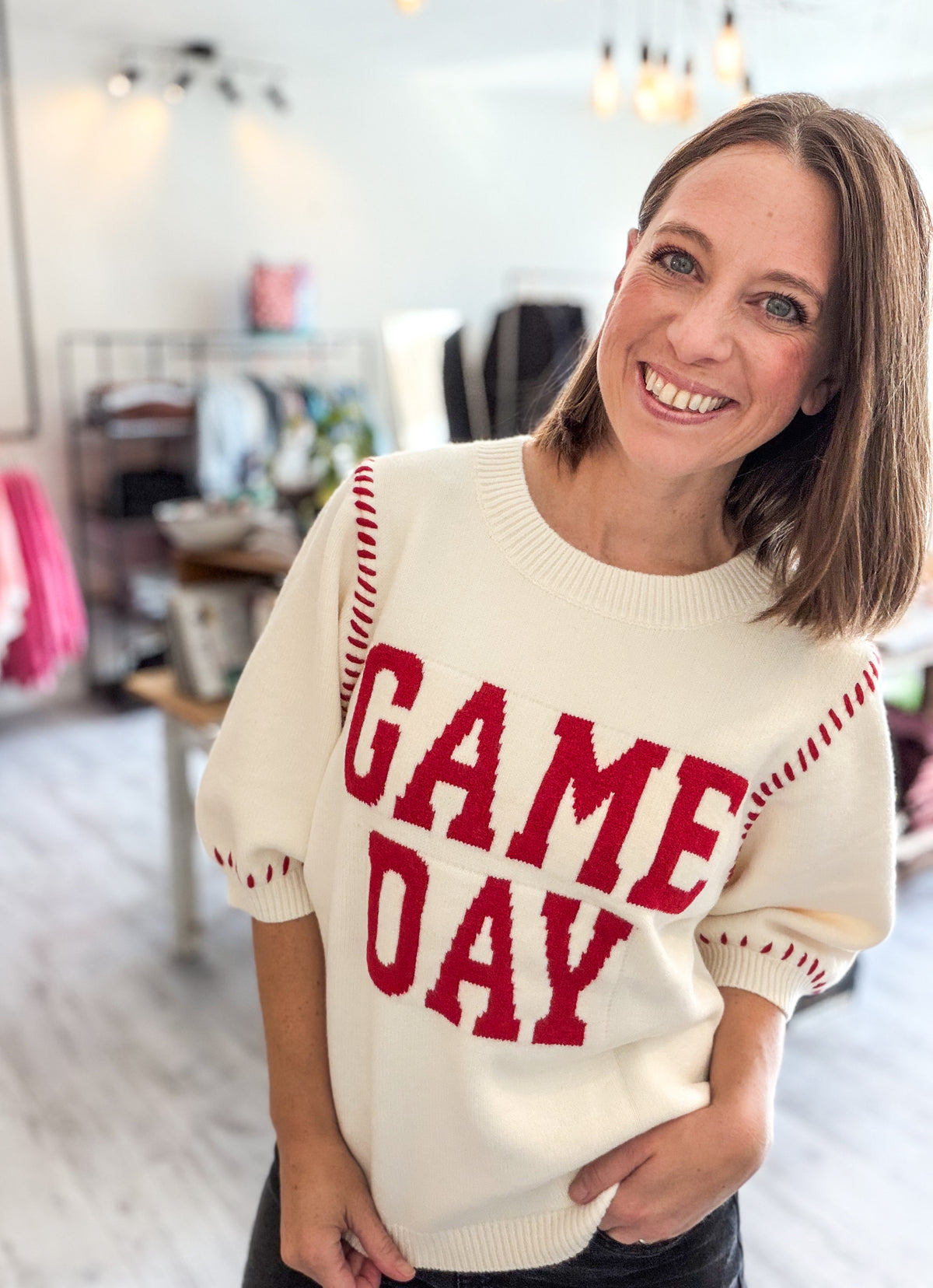 GAMEDAY THEME STITCH DETAIL PUFF SLEEVES KNIT TOP