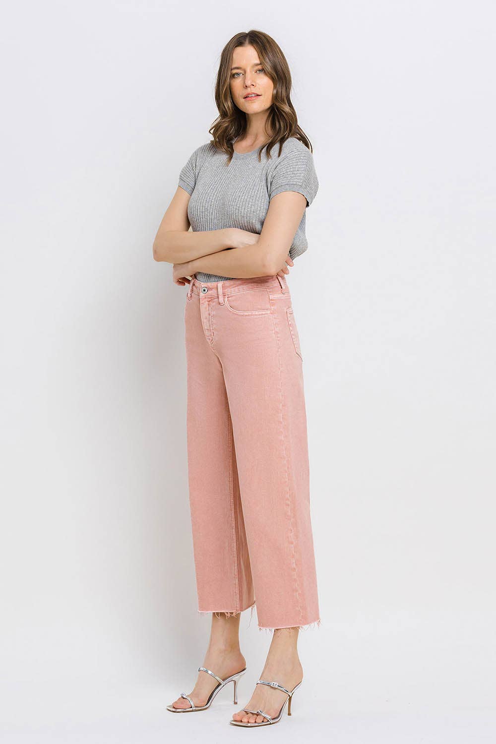 High Rise Crop Wide Leg Denim in Silver Pink by Vervet
