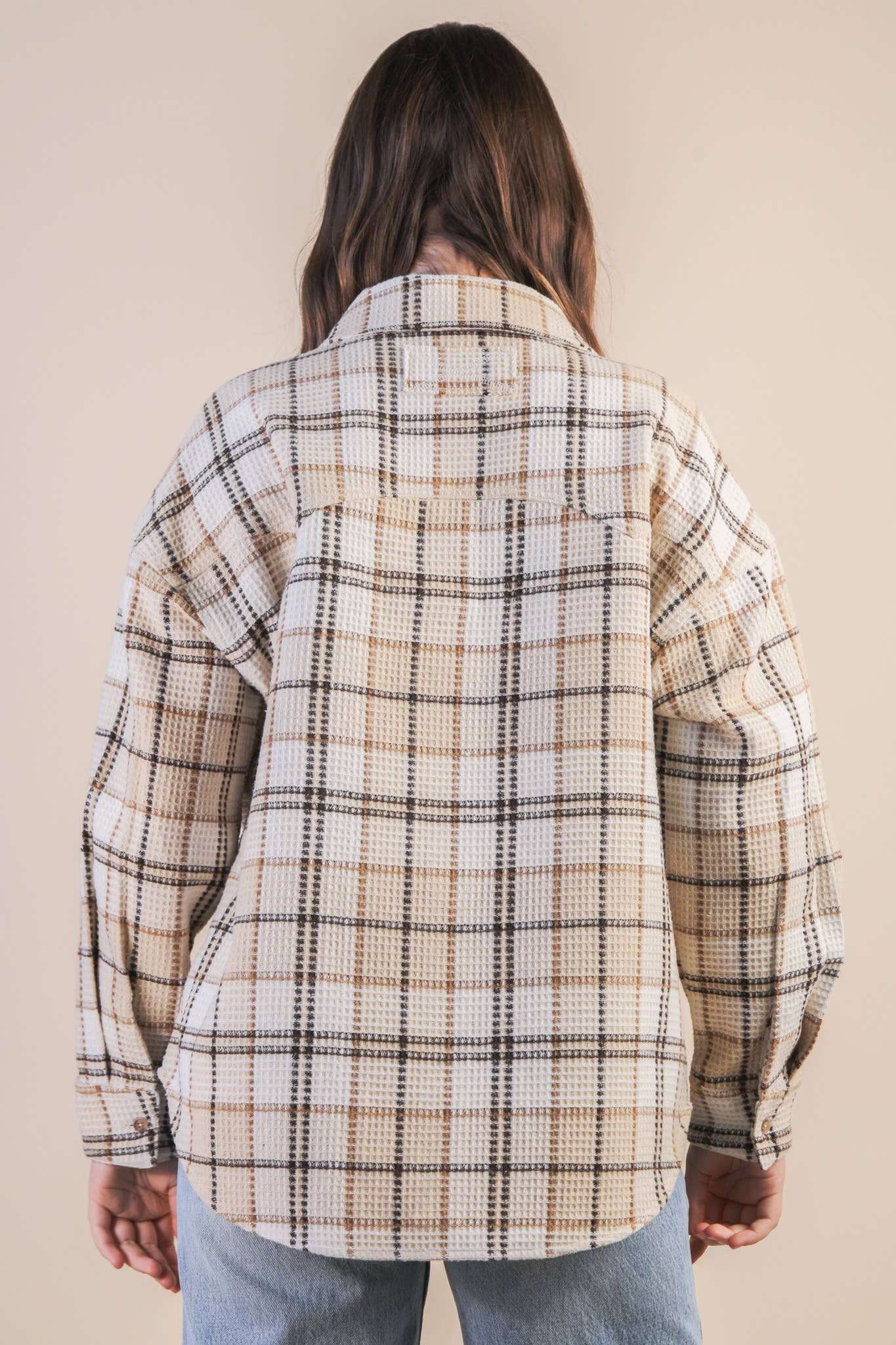 Oversized Checkered Casual Shacket Jacket in Cream