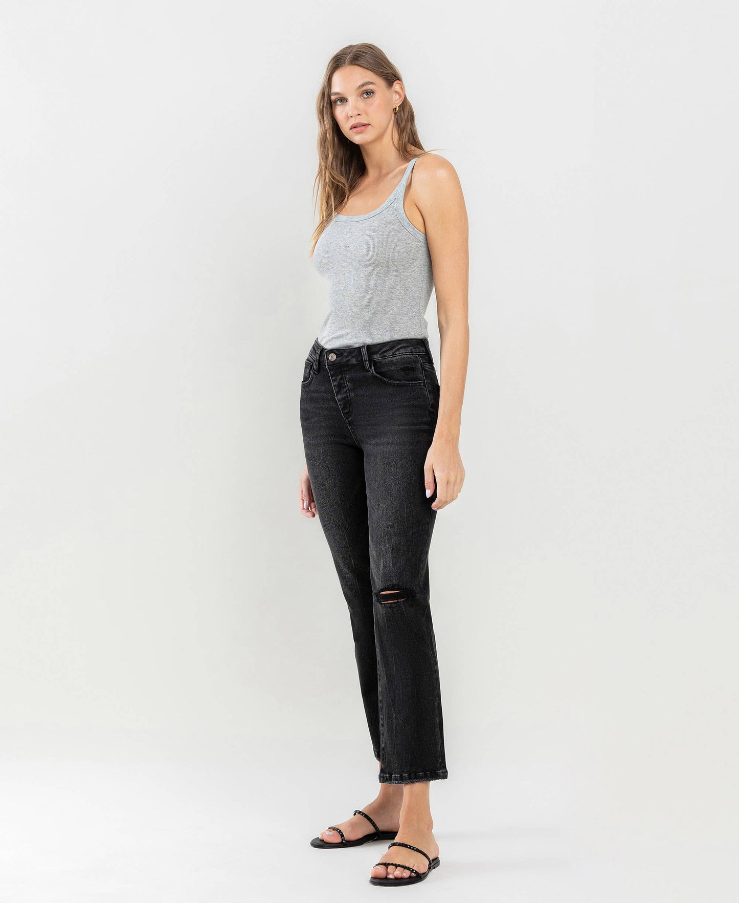 High Rise Distressed Straight Jeans in Washed Black
