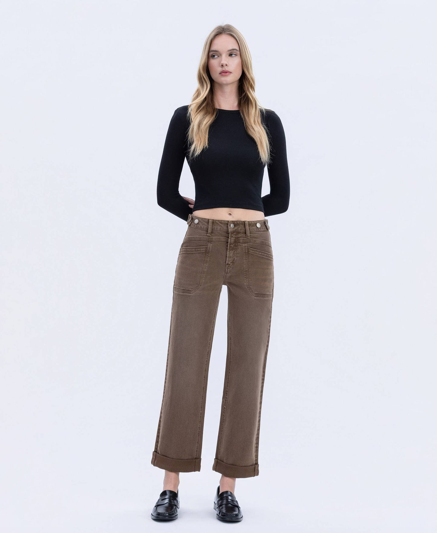 High Rise Tabbed Slim Wide Denim in Coffee by Flying Monkey