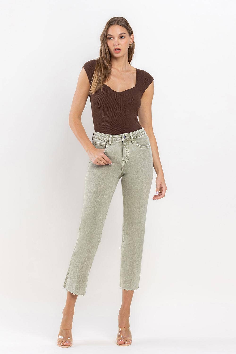 High Rise Stretch Straight in Light Olive Grey by Lovervet