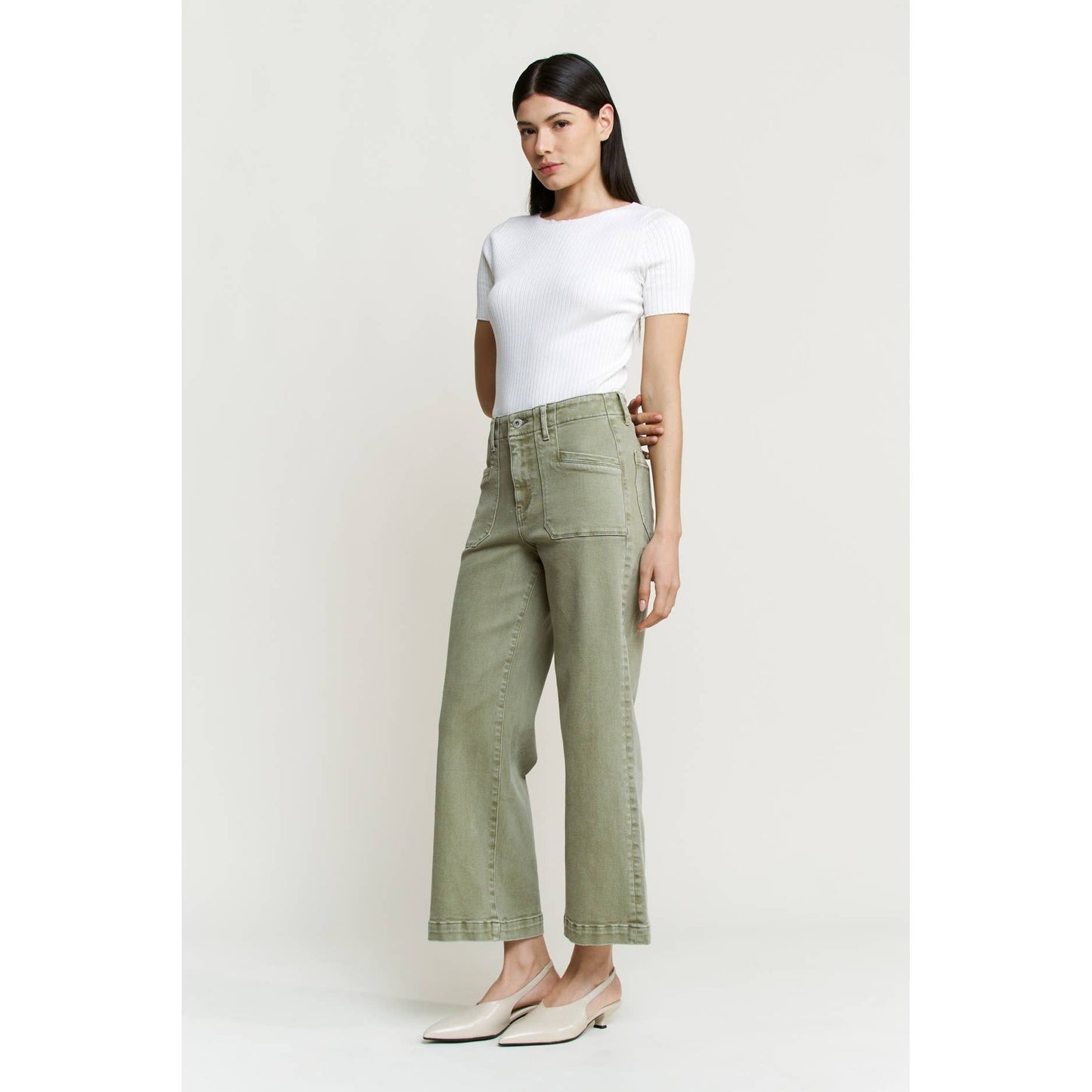 Super High Wide Cropped Utility Denim in Faded Green by MICA