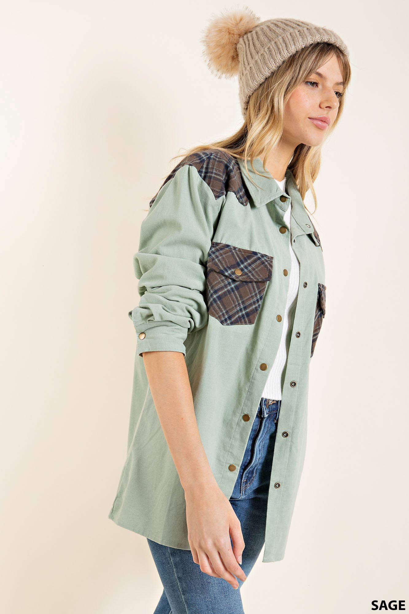 Corduroy Plaid Snap Western Top in Sage